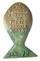 † ARTHUR DOOLEY (1929-1994); a bronze plaque in the shape of a fish, inscribed 'Workers Control of