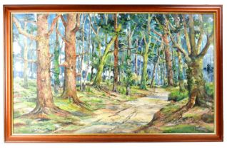 † N. WARBURTON (British, 20th century); oil on board, path through woods, signed and dated 1973