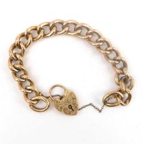 A 9ct gold belcher link bracelet with heart-shaped padlock clasp, length 17cm, approx. 18.1g.