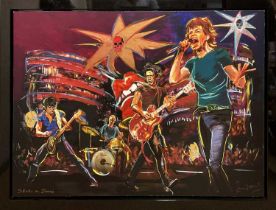 † RONNIE WOOD (born 1947); original mixed media on canvas, 'Skulls on Stage', signed and titled,