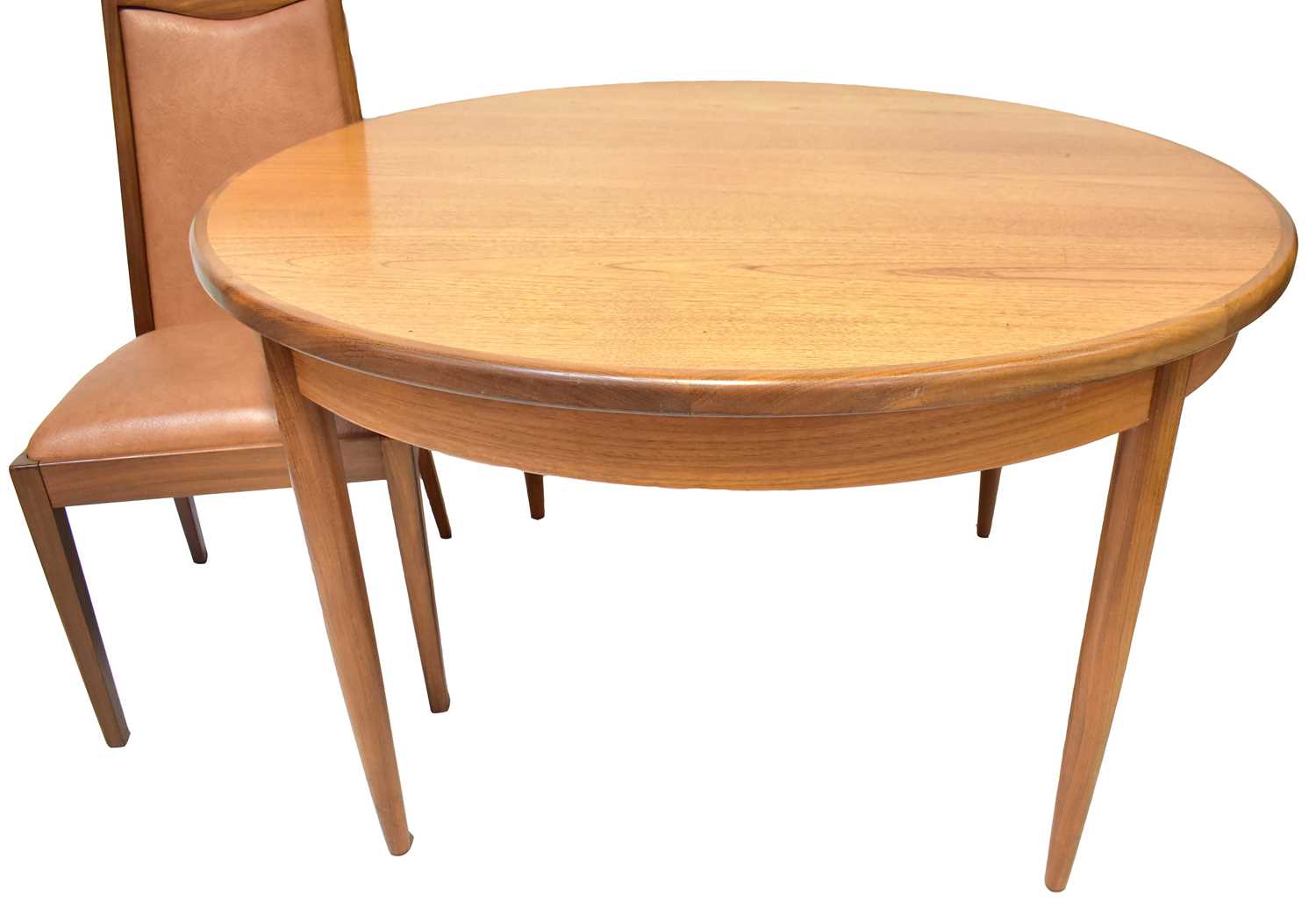 G-PLAN; a circular extending dining table, diameter 128cm (173cm when extended), with six faux - Image 3 of 3