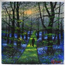 † JAMES DOWNIE (born 1949); oil on canvas, a figure walking his dog along a woodland path, signed