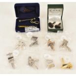 Nine pairs of modern gentlemen's cufflinks, together with a gold plated tie pin and tie clip.