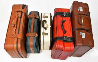 Five various vintage suitcases to include leather examples, together with a quantity of