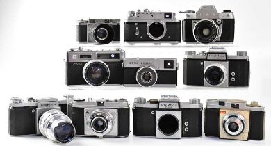 A quantity of vintage 35mm cameras to include Kodak Colorsnap 35, an Exa-IIB, Braun, Praktica FX,