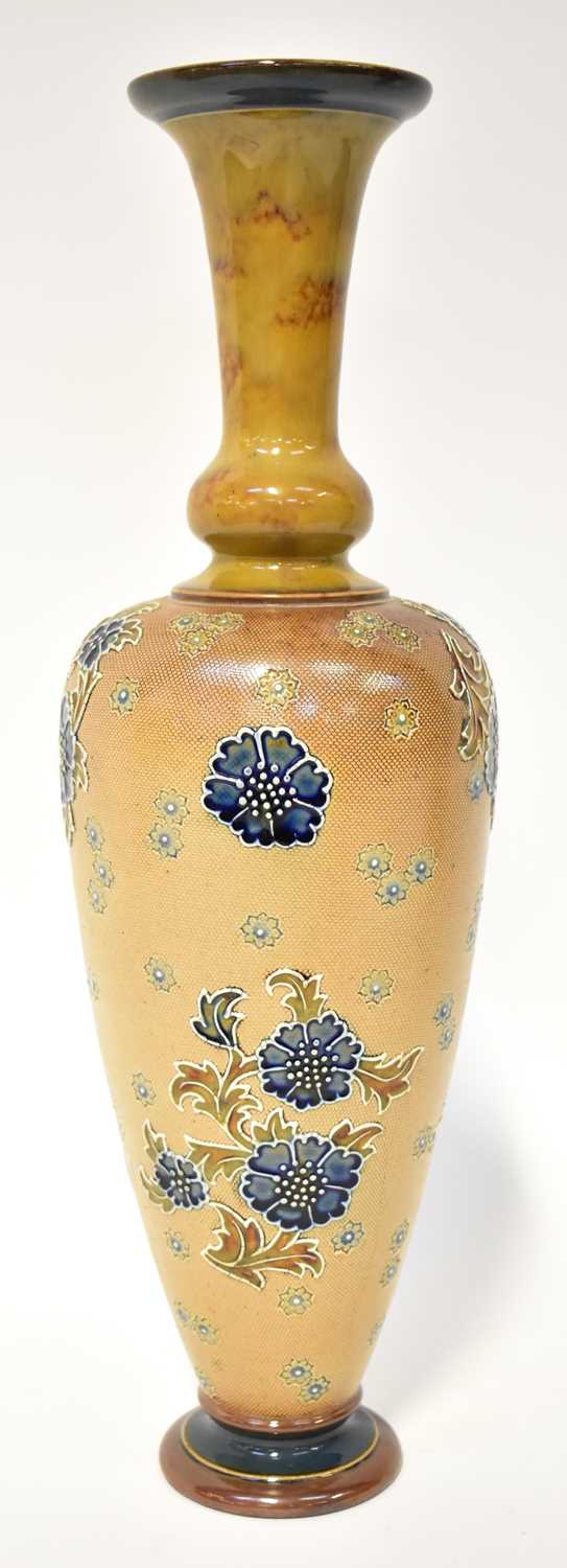 DOULTON; a Slaters patent Chine ware vase in brown with blue floral decoration, base impressed