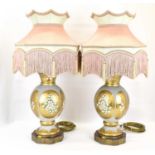A pair of large vintage Italian-style table lamps, the baluster glass bodies with floral and white