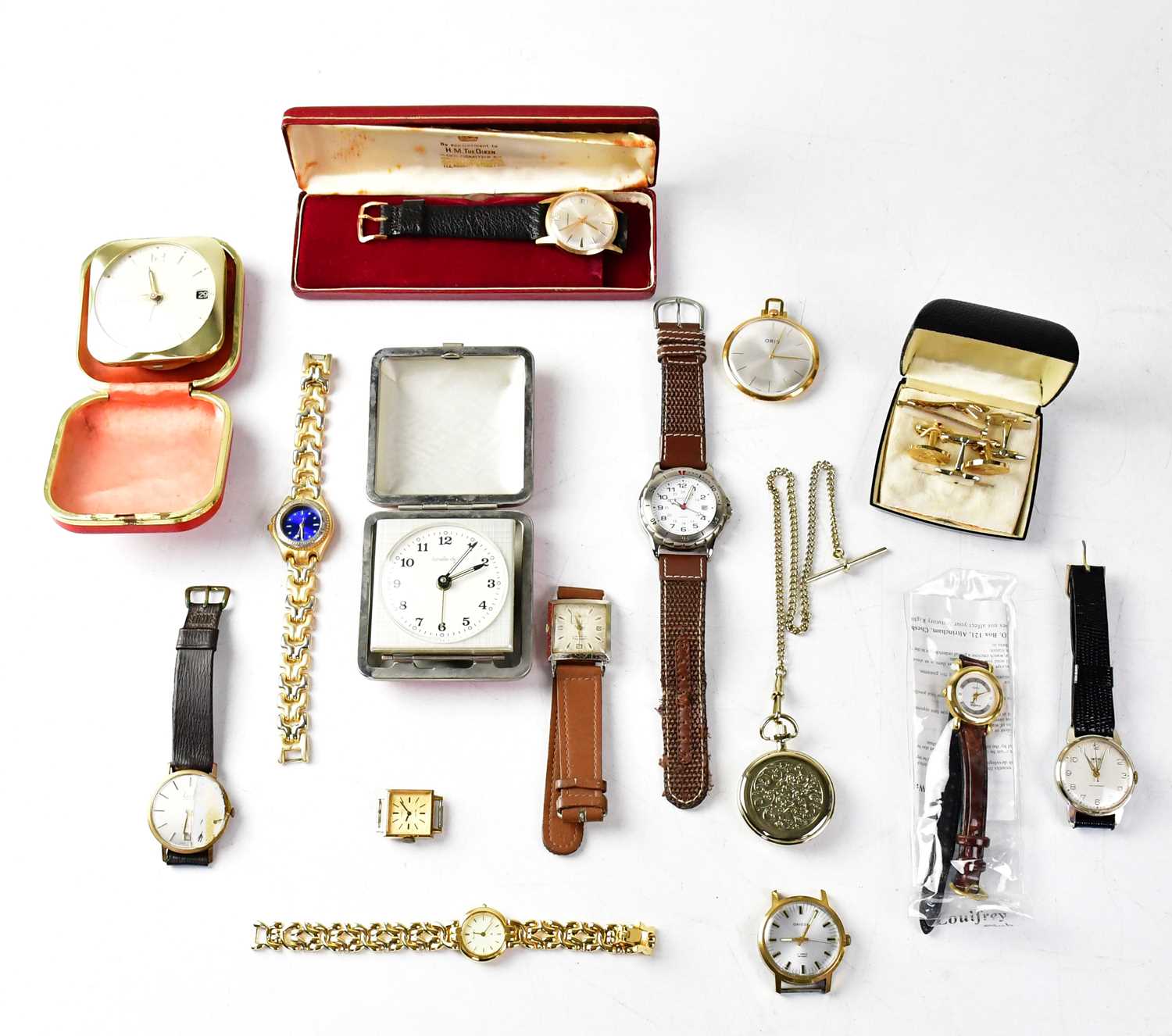 A quantity of wristwatches, pocket watches and clocks to include Accurist, Oriosa, Oris, etc.