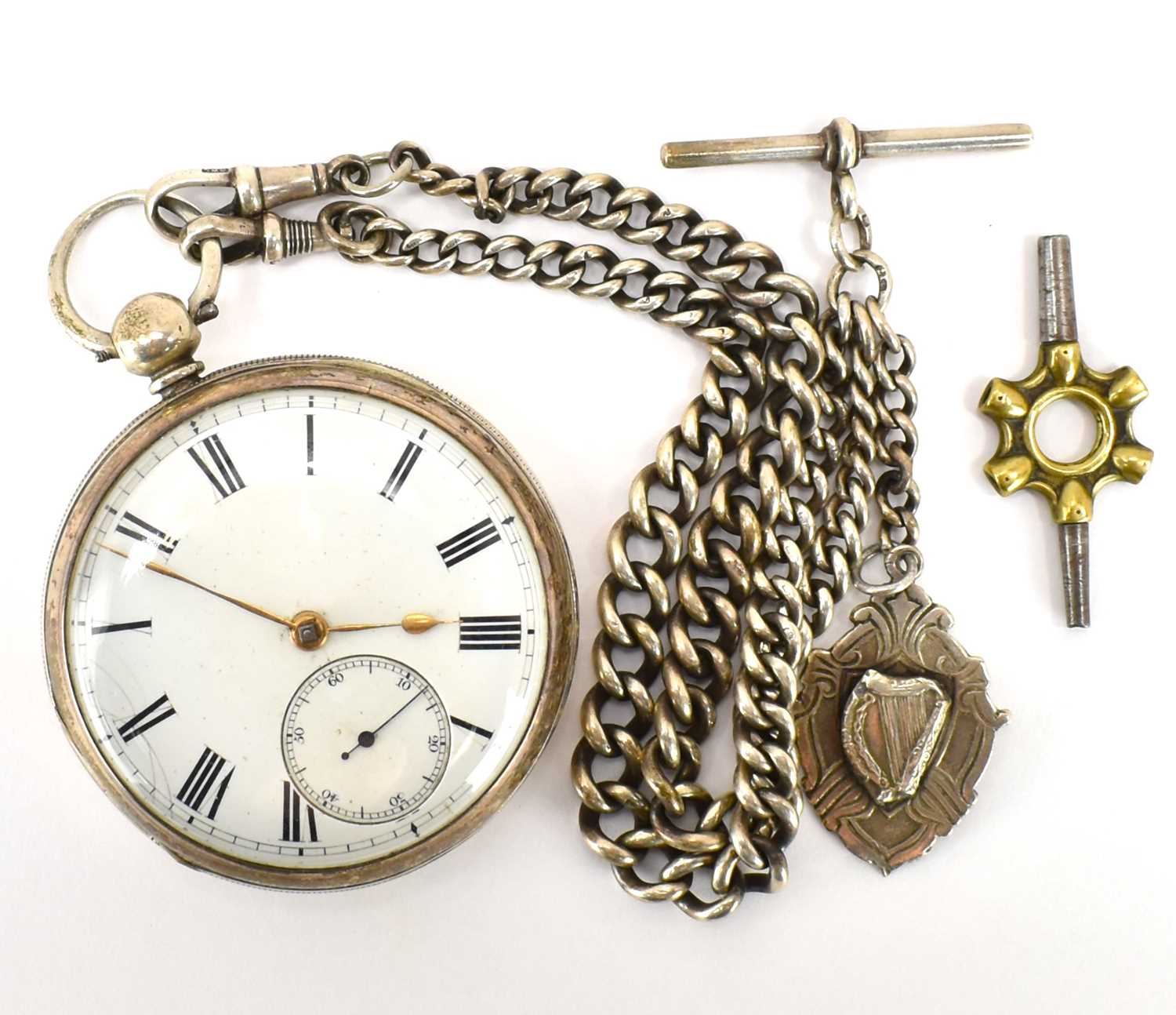 P. COHEN, LEEDS; a hallmarked silver open face pocket watch, the white enamelled dial set with Roman