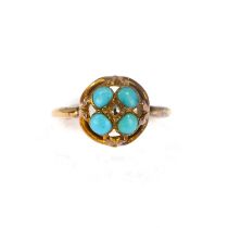 A 9ct rose gold Art Deco style ring set with central rose cut diamond chip, and four turquoise beads