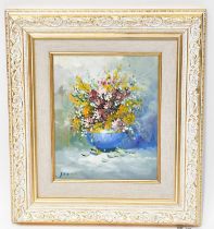 UNATTRIBUTED; 20th century oil on canvas, still life of flowers in a blue pot, indistinctly