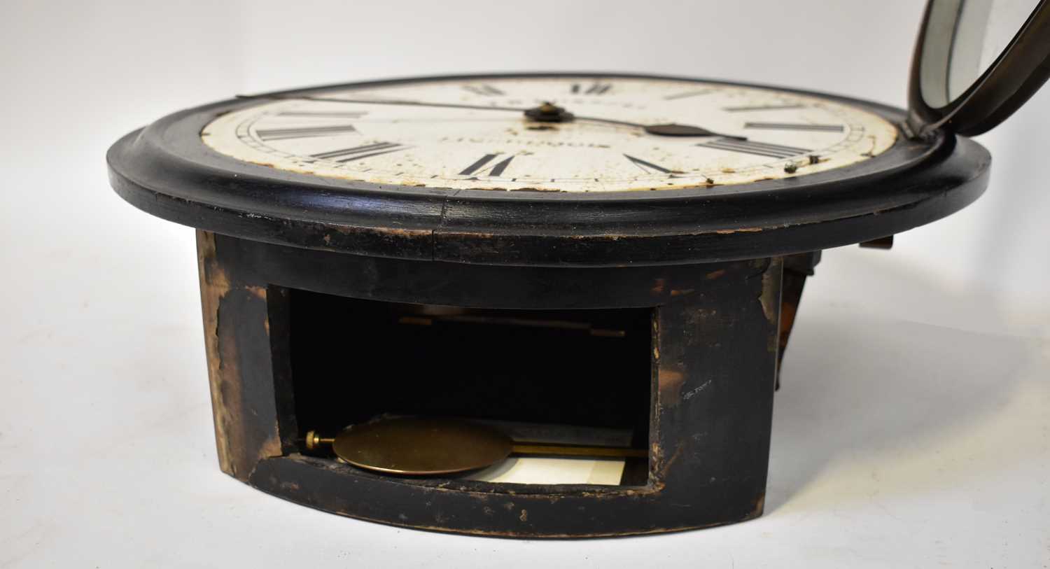 T. R. RUSSELL, LIVERPOOL; an ebonised station clock, the 13.5" white enamelled dial set with Roman - Image 2 of 2