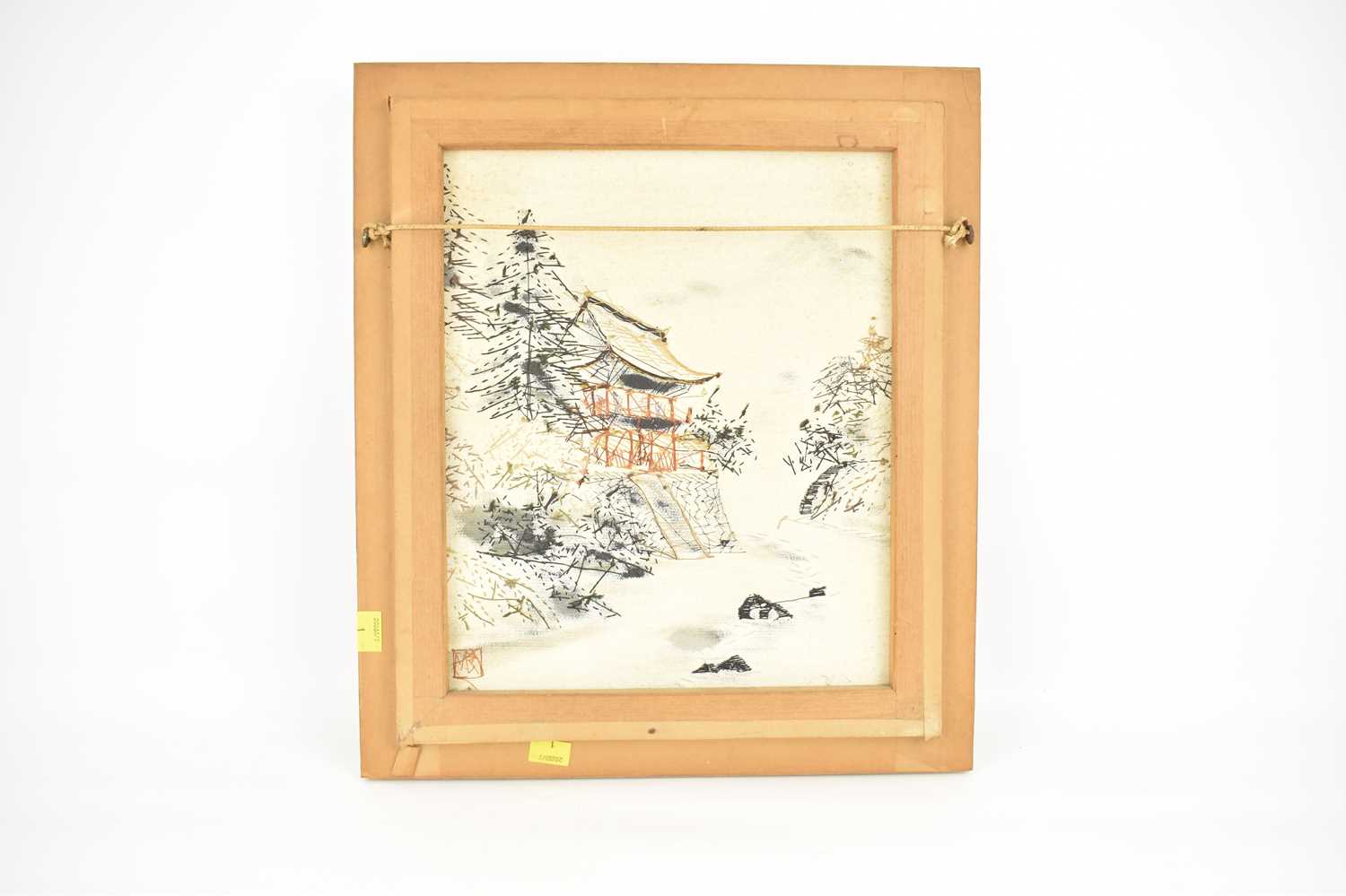 A vintage woven silk picture depicting pagoda on riverbank with pine trees to the side, water to the - Image 4 of 4