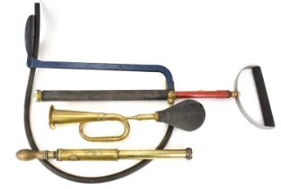 A vintage brass car horn with rubber bulb, a vintage brass garden sprayer 'The Arnold' made by G & W