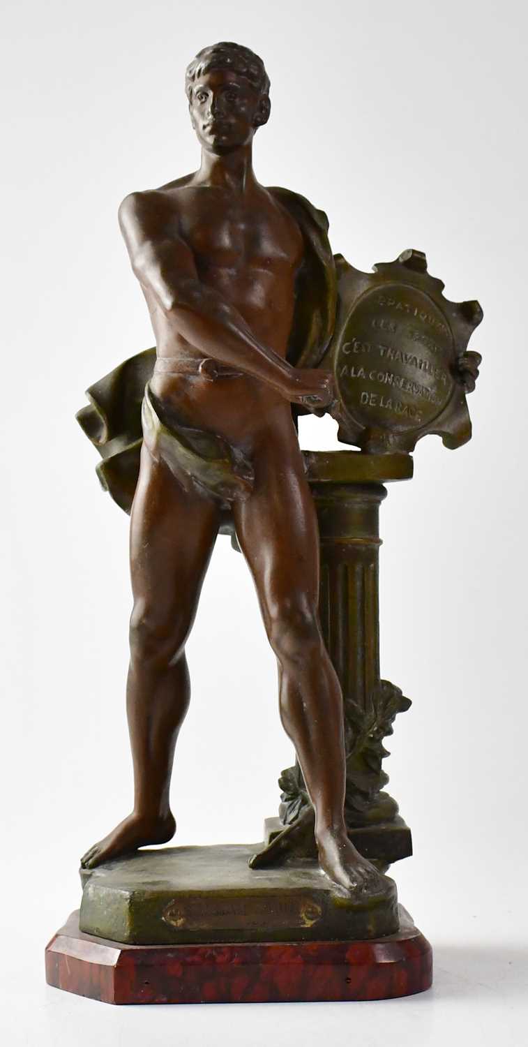 AFTER A. J. SCOTTE (1885-1905); a painted spelter figure of an artist holding a pen and a plaque, - Image 3 of 3