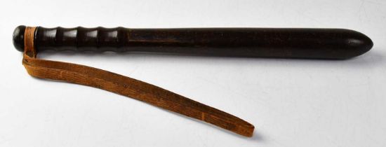 A turned wooden military truncheon, marked with broad arrow to end and letter 'M', the leather strap
