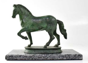 A bronze figure of a horse, on an oval stepped plinth and later square granite pedestal, unsigned,