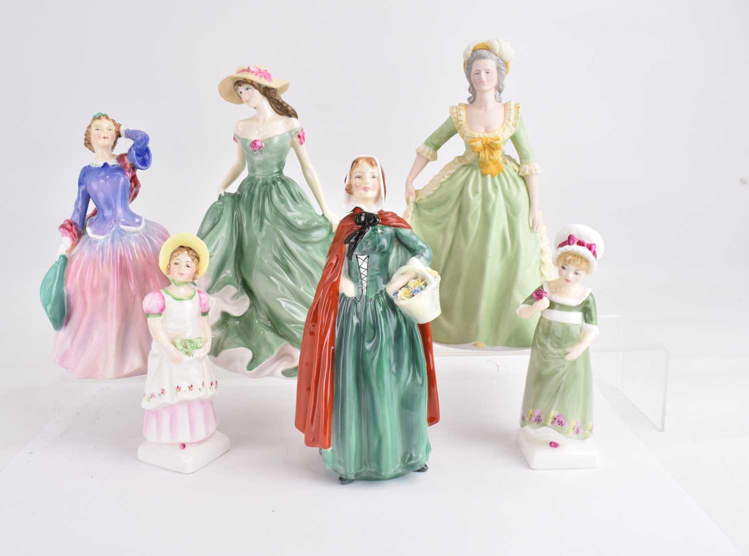 ROYAL DOULTON; five porcelain figurines comprising HN2834 'Emma', HN2799 'Ruth', HN2021 'Blithe
