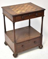 A 19th century mahogany side table with inlaid rosewood and walnut chequerboard to the top, shelf