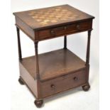 A 19th century mahogany side table with inlaid rosewood and walnut chequerboard to the top, shelf