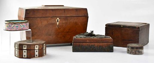 Five various boxes to include a Japanese wooden box with applied metal wrythen dragon to the lid and