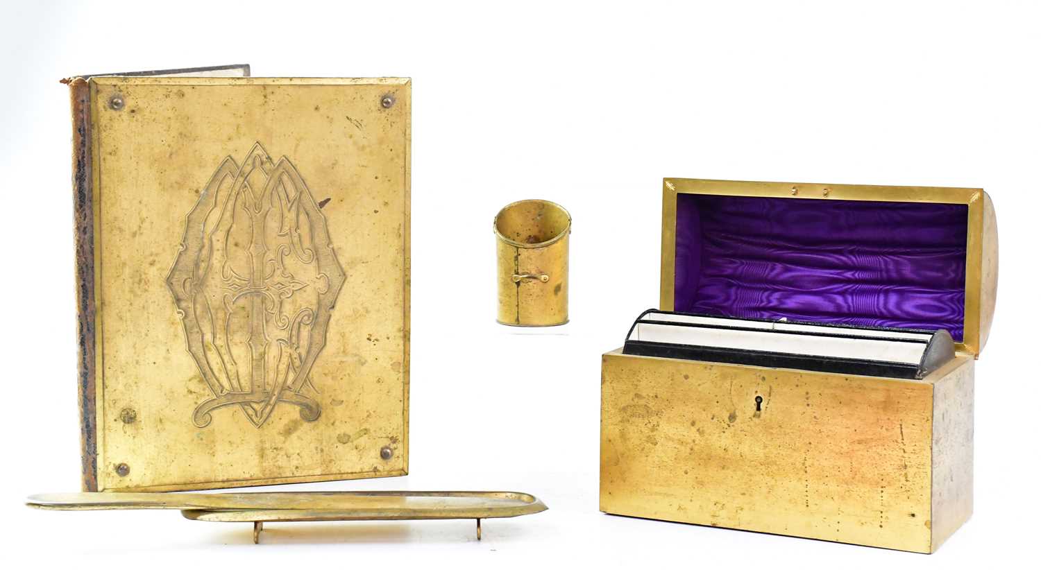 A Victorian gilt metal desk companion set with Gothic monogram 'EM', comprising a dome-topped