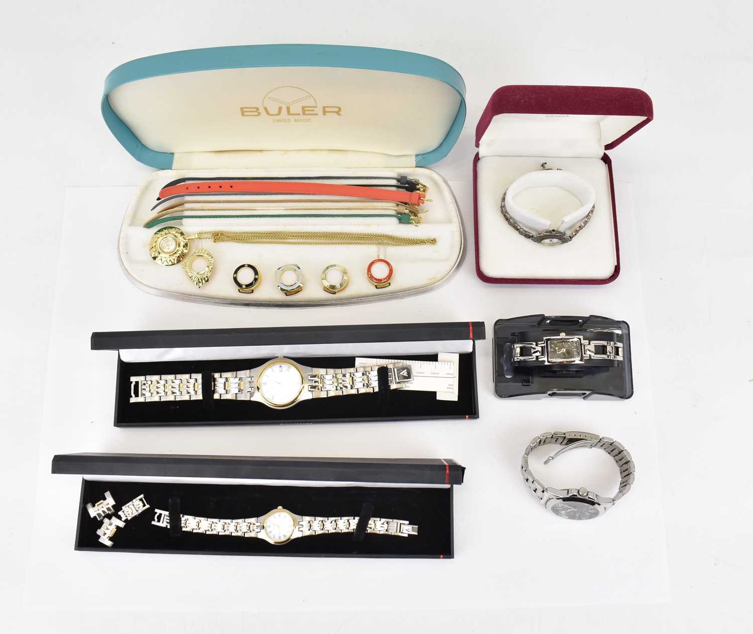 A six modern and vintage fashion watches to include 'his and hers' Accurist watches, a boxed Buler - Image 2 of 5