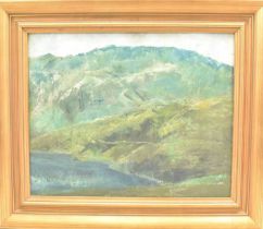 UNATTRIBUTED; oil on canvas on board, lake edge within mountainous landscape, unsigned, 40.5 x 50cm,