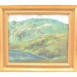 UNATTRIBUTED; oil on canvas on board, lake edge within mountainous landscape, unsigned, 40.5 x 50cm,