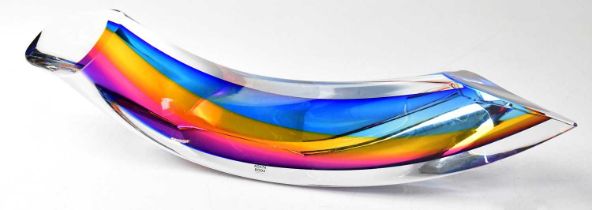 GORAN WARFF FOR KOSTA BODA; a 'Rainbow' glass sculpture of elongated abstract form, signed,