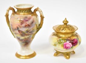 HARRY STINTON FOR ROYAL WORCESTER; a c.1910 hand painted gilt-heightened vase with reticulated neck,