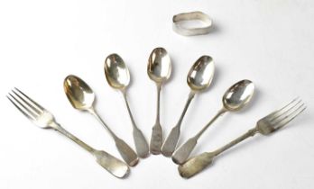 A group of hallmarked silver flatware, comprising a set of five teaspoons and two matched forks,