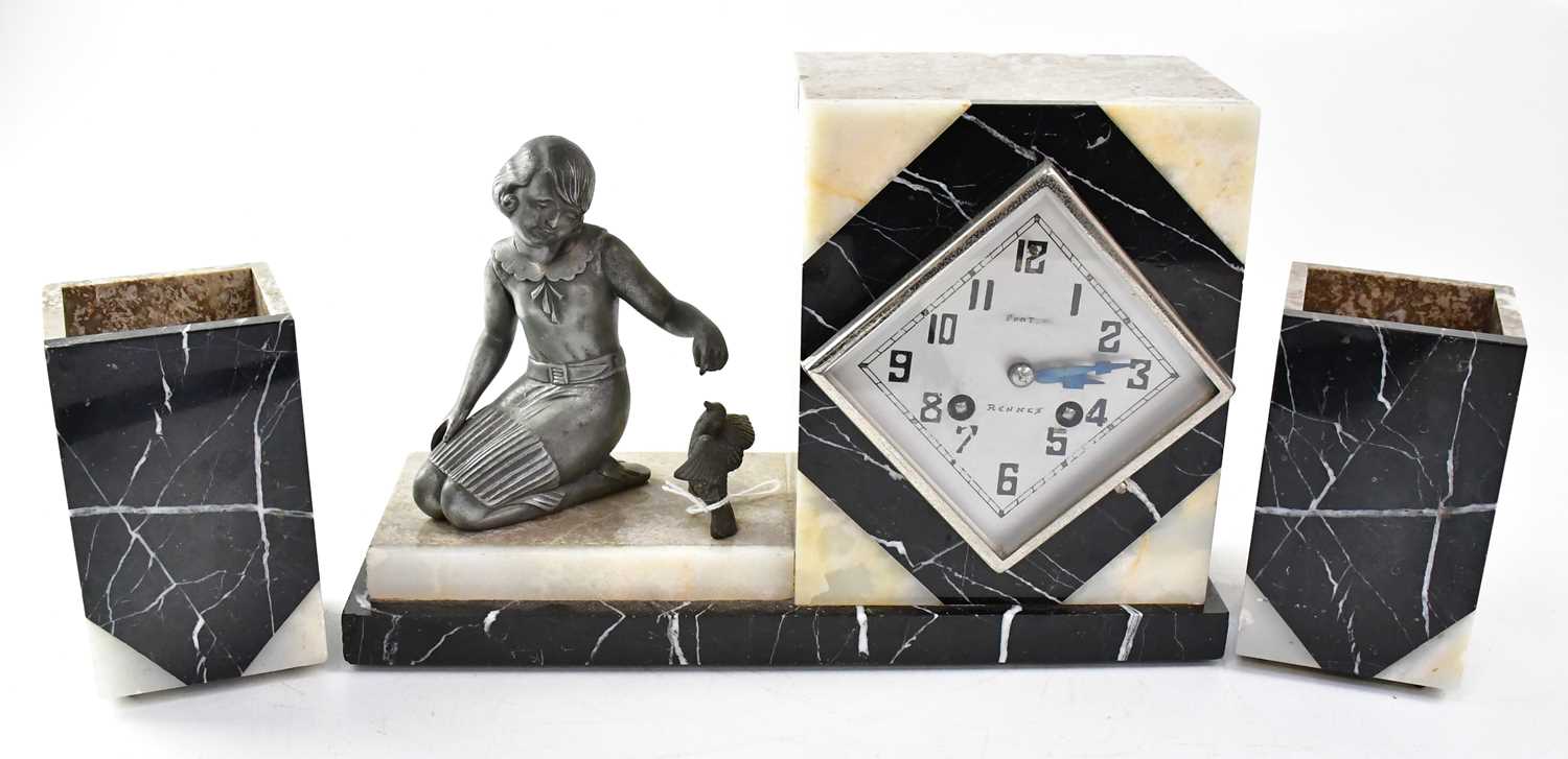 An Art Deco multicoloured marble and onyx figural clock garniture, with a pewter figure of a