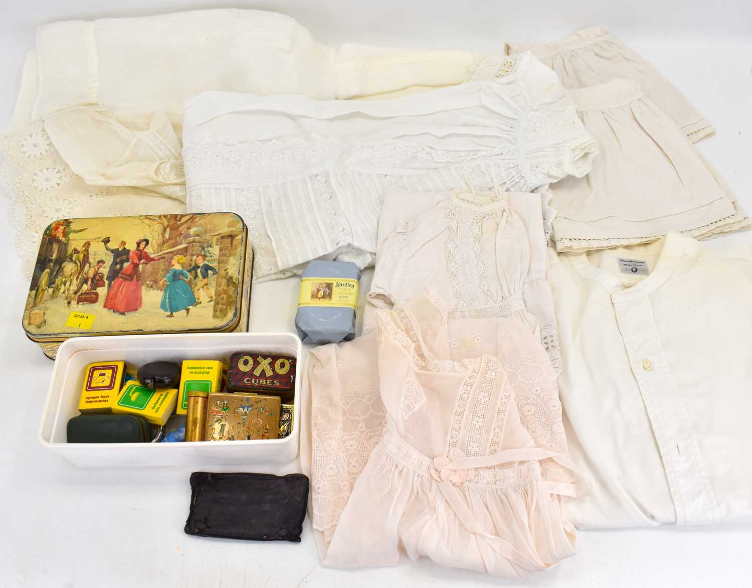Various vintage textiles to include three babies' gowns, three babies' dresses, a babies' jacket
