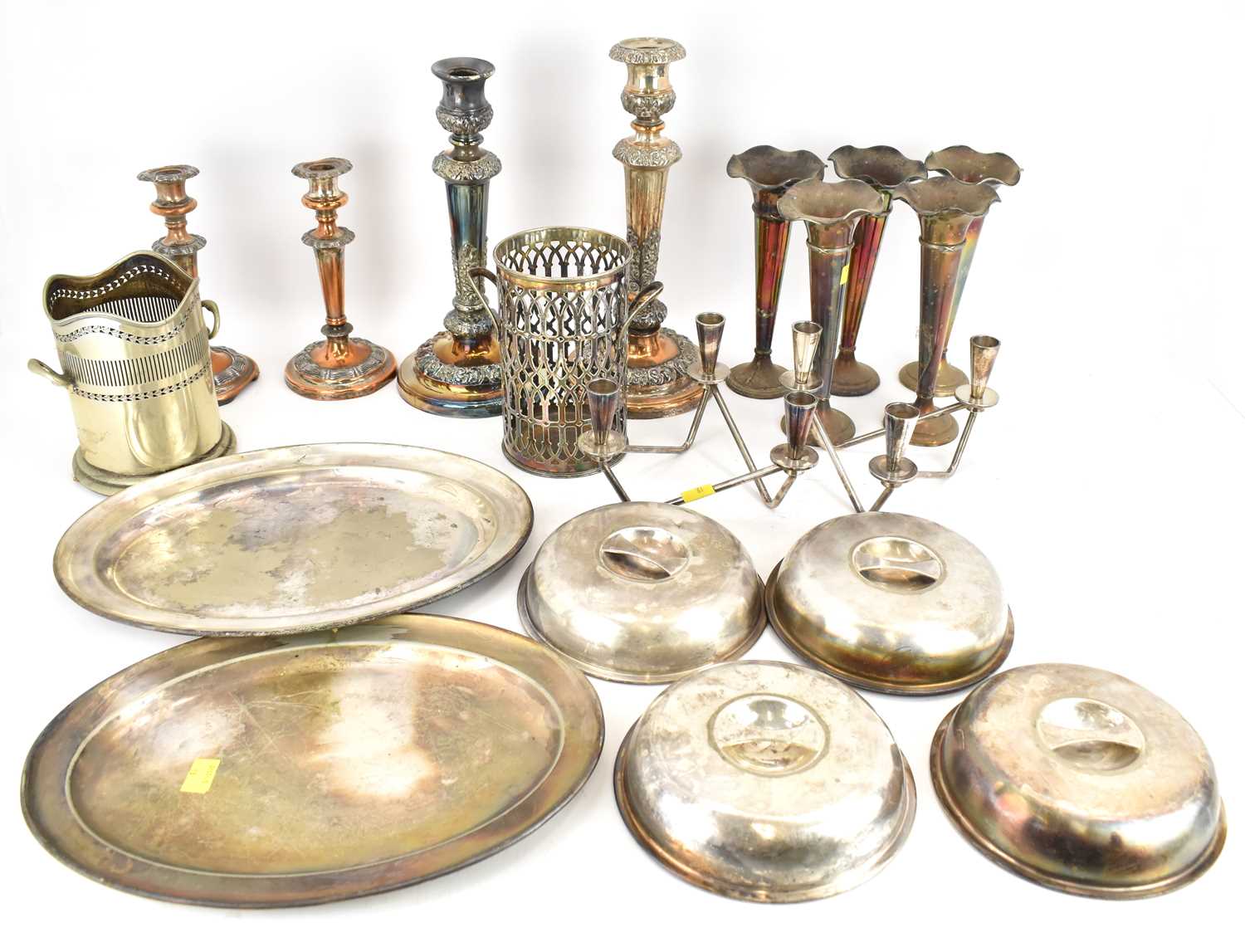 Plated ware to include a pair of large candlesticks (one missing sconce), height 32cm, a smaller