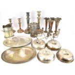 Plated ware to include a pair of large candlesticks (one missing sconce), height 32cm, a smaller