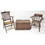 An Edwardian folding rail back chair with studded seat, together with a smoker's bow chair and a