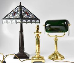 A Tiffany-style table lamp with leaded glass shade, height 60cm, a brass desk lamp with green
