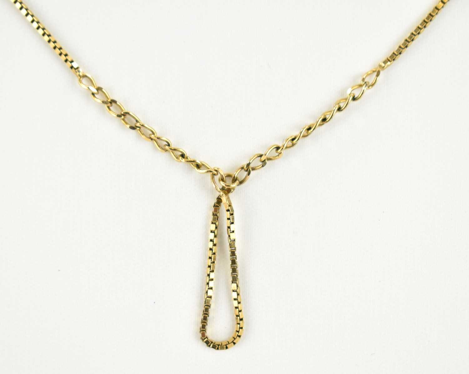 A 9ct gold box and chain link necklace with a small box link hoop pendant, with circular clasp,