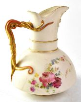 ROYAL WORCESTER; a blush ware jug of squat form with gilt wrythen handle, shape no. 1378, puce