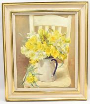 † ANNE COTTERILL (1933-2010); oil on canvas, 'Daffodils in Enamel Jug on Chair', signed lower right,