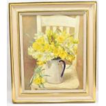 † ANNE COTTERILL (1933-2010); oil on canvas, 'Daffodils in Enamel Jug on Chair', signed lower right,