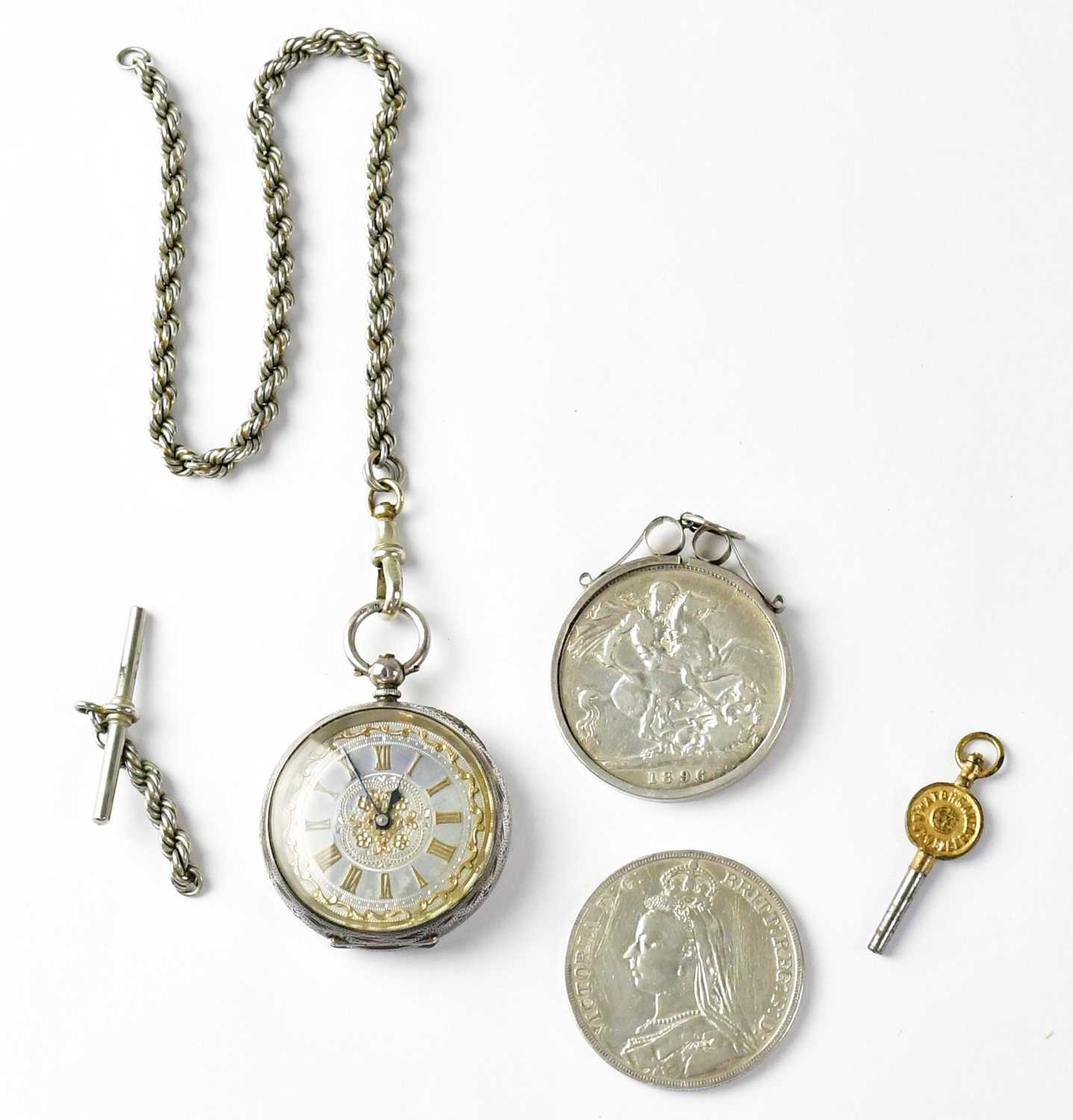 A French hallmarked silver ladies' fob watch, the silvered dial set with gilt Roman numerals and