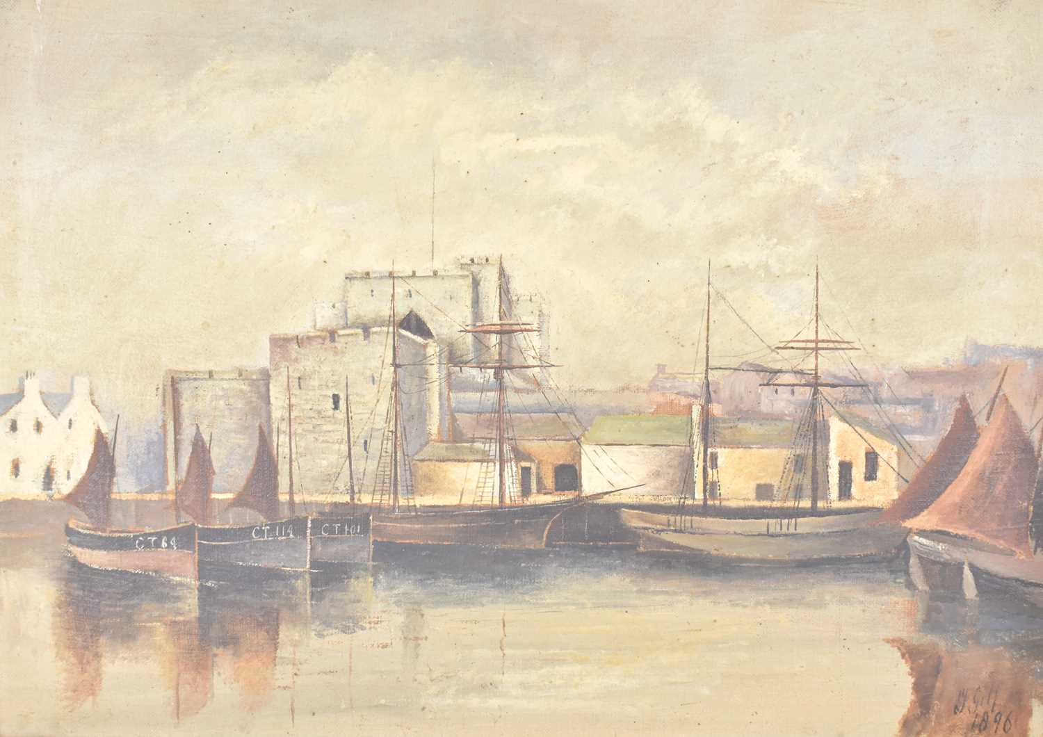 J. GILL; oil on canvas, harbour scene, signed and dated 1896 lower right, 36 x 51cm, in gilt wood - Image 2 of 3