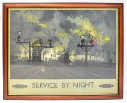 BRITISH RAILWAYS; a large advertising poster 'Service by Night', depicting various steam trains at a