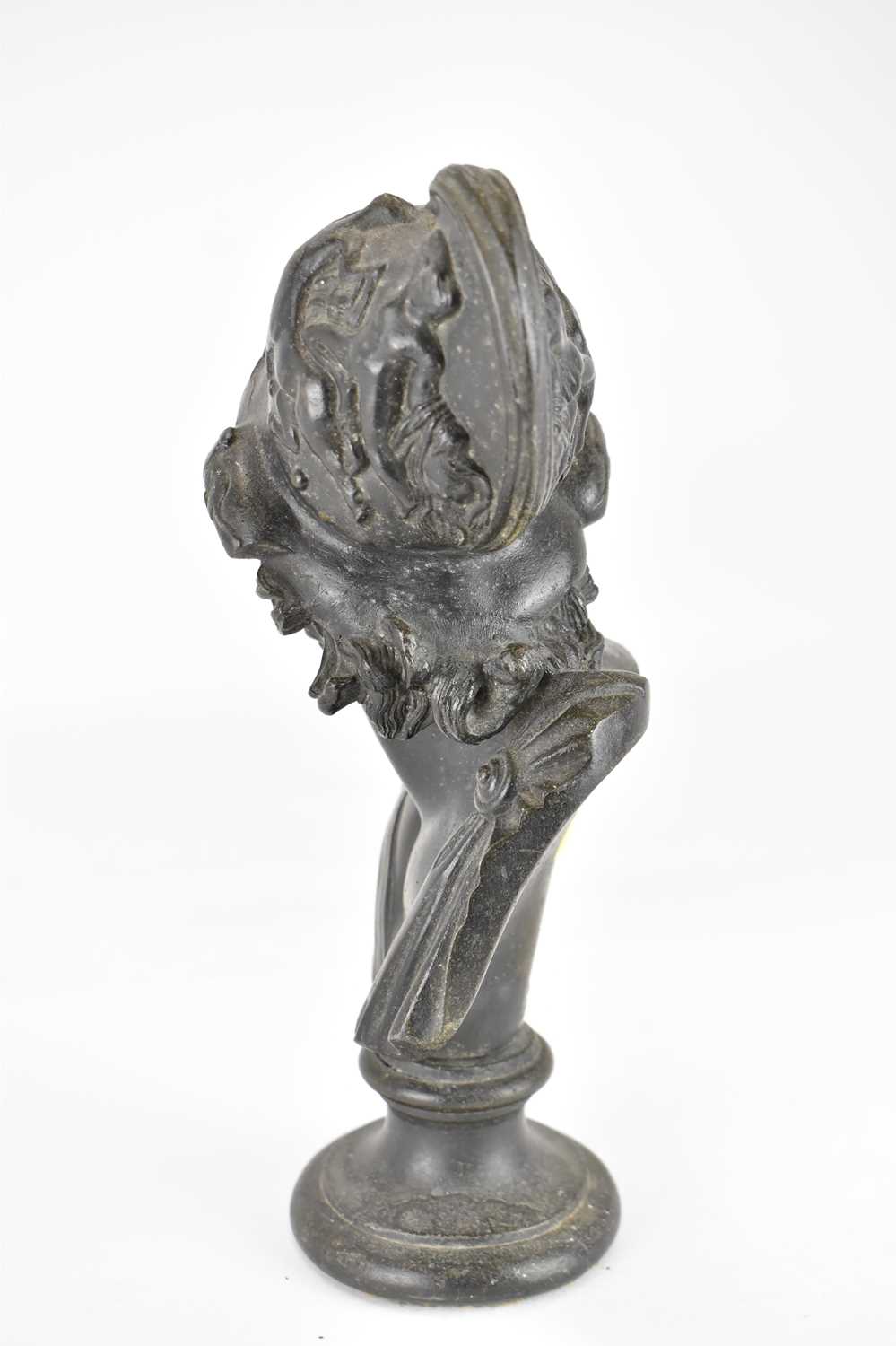 A cast metal bust depicting a Greek warrior with highly decorated helmet, on socle base, height - Image 3 of 3