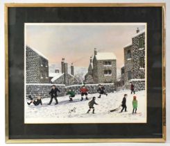 † TOM DODSON (1910-1991); a signed limited edition print, children playing on a snowy street, signed