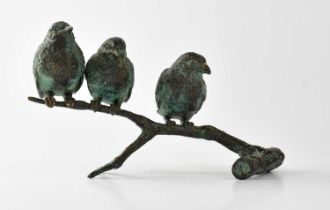 A small bronze figure group of three birds on a branch, with verdigris, unsigned, height 13cm,