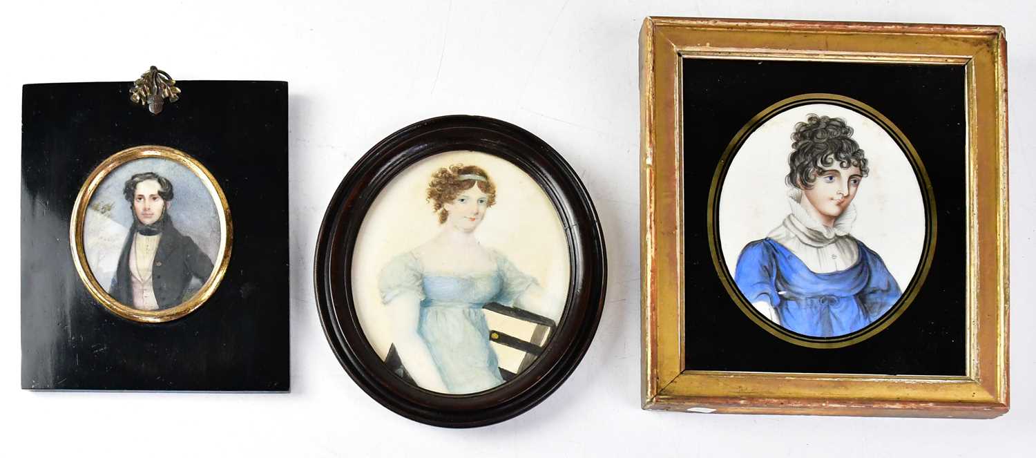 X UNATTRIBUTED; a circa 1830 miniature watercolour on ivory, half-length portrait of a gentleman,