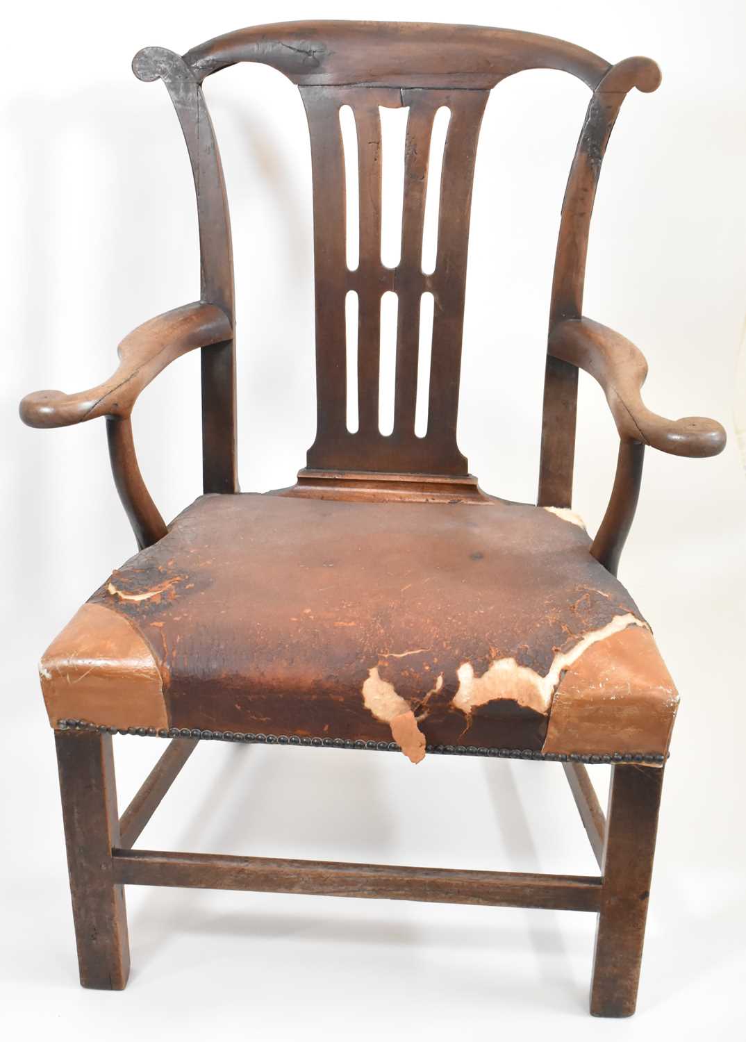 A George III oak armchair with yoke-shaped top rail, pierced back splat, scroll arms, stuffed - Image 2 of 5